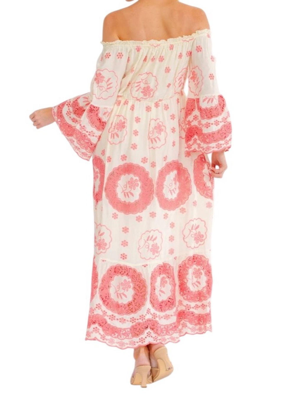 Crochet Eyelet Embroidered Boho Off/Partially On Shoulder Maxi Dress - Picture 2 of 3
